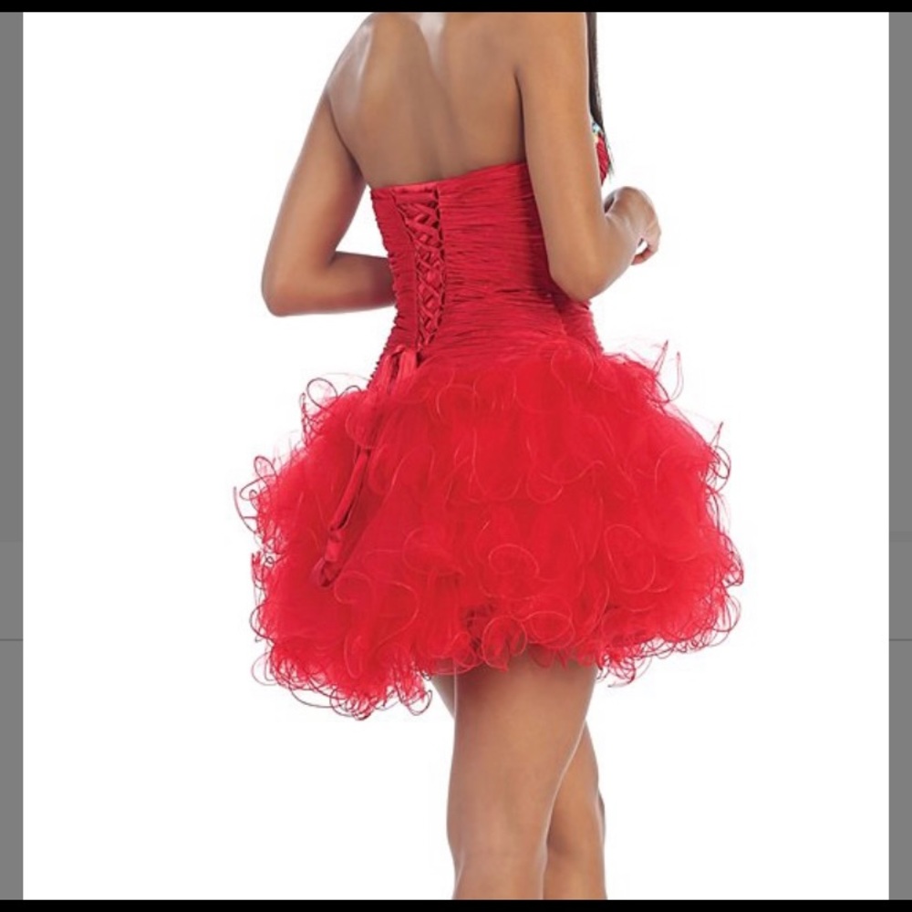 Red  Rhinestone Ruffle strapless dress - Picture 2 of 5